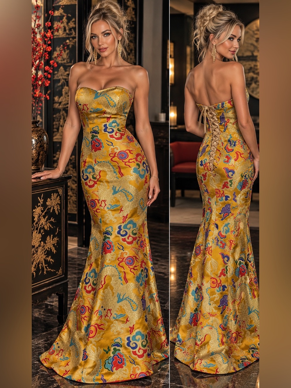 ✨ EXQUISITE GOLD DRAGON BROCADE CORSET GOWN – XS ✨